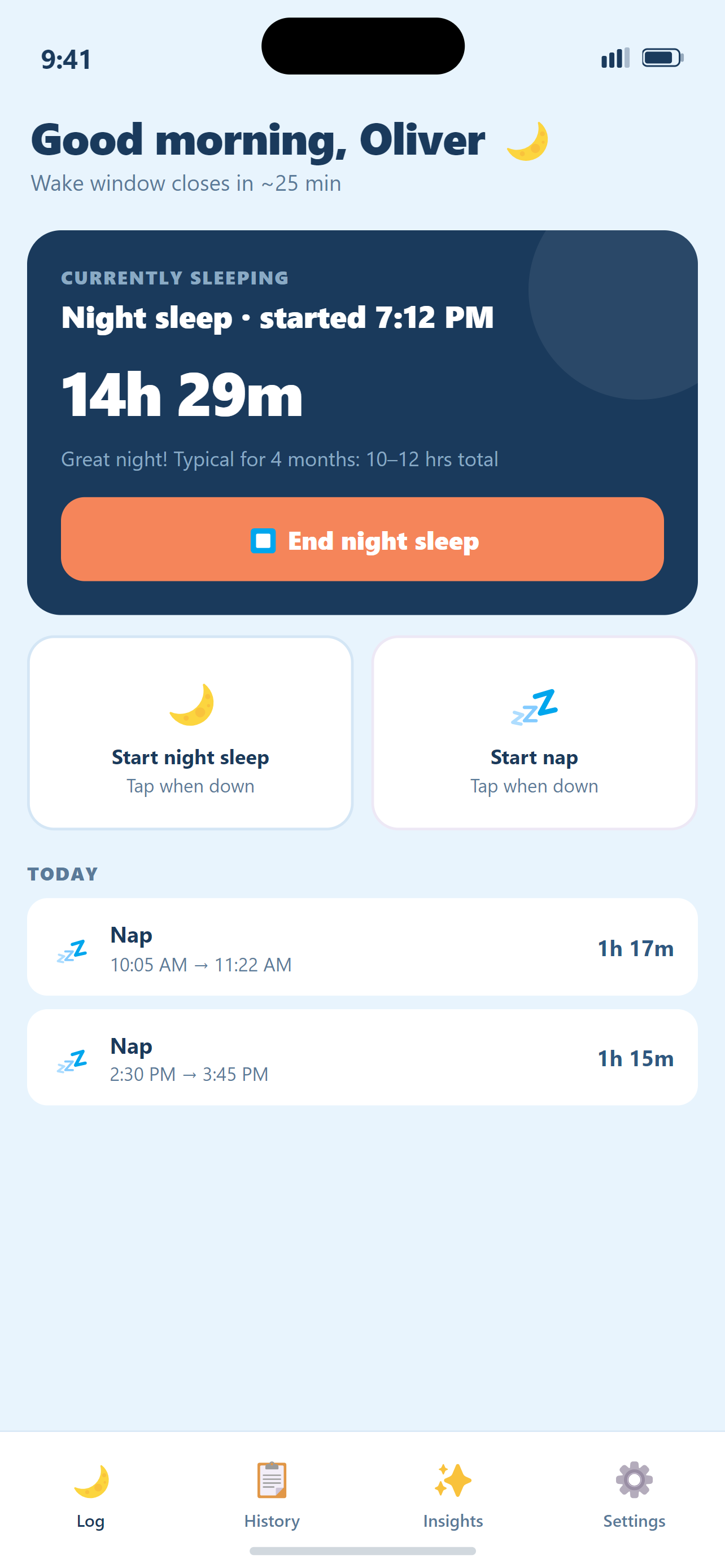 Lullwise sleep log screen